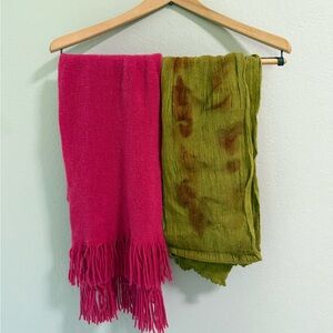 Winter Scarf Bundle – Hot Pink Fringe & Hand-Dyed Green Wool Look